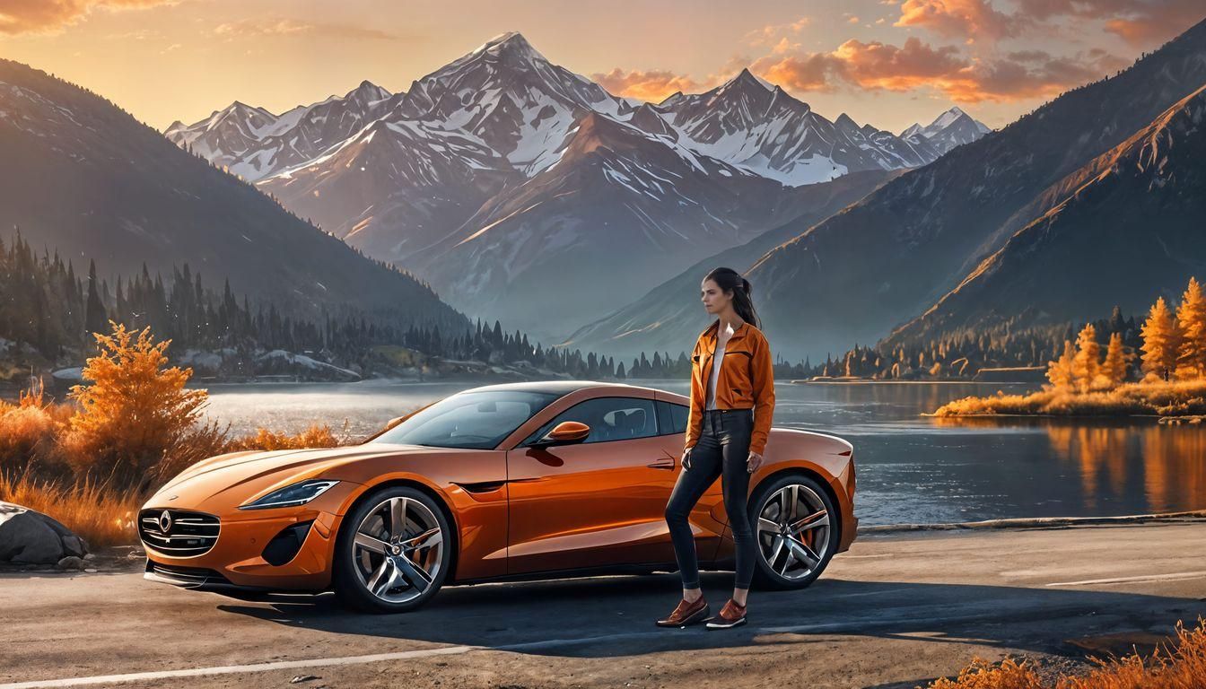 Woman with Orange Sports Car by Lake