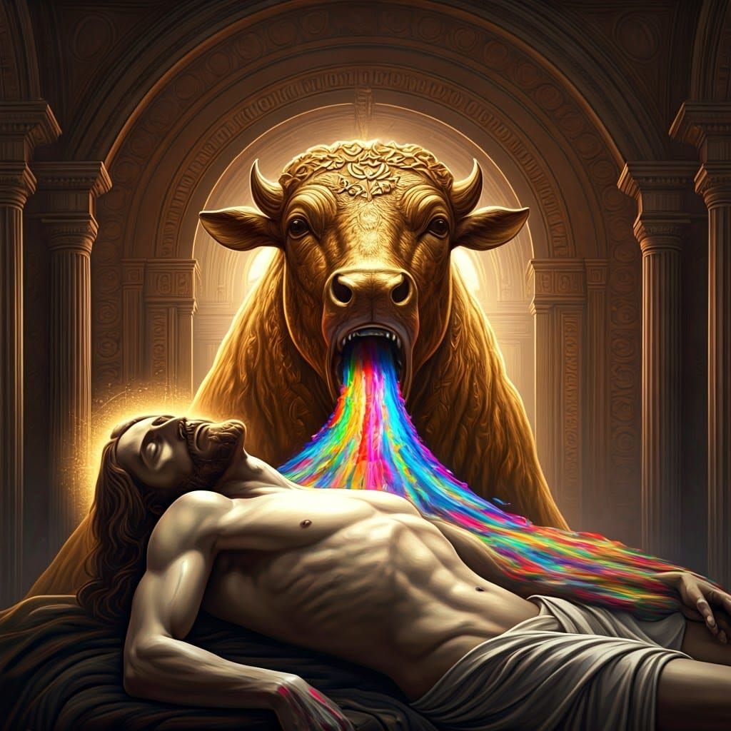 Golden Calf Vomiting Rainbow on Jesus, Matte Painting