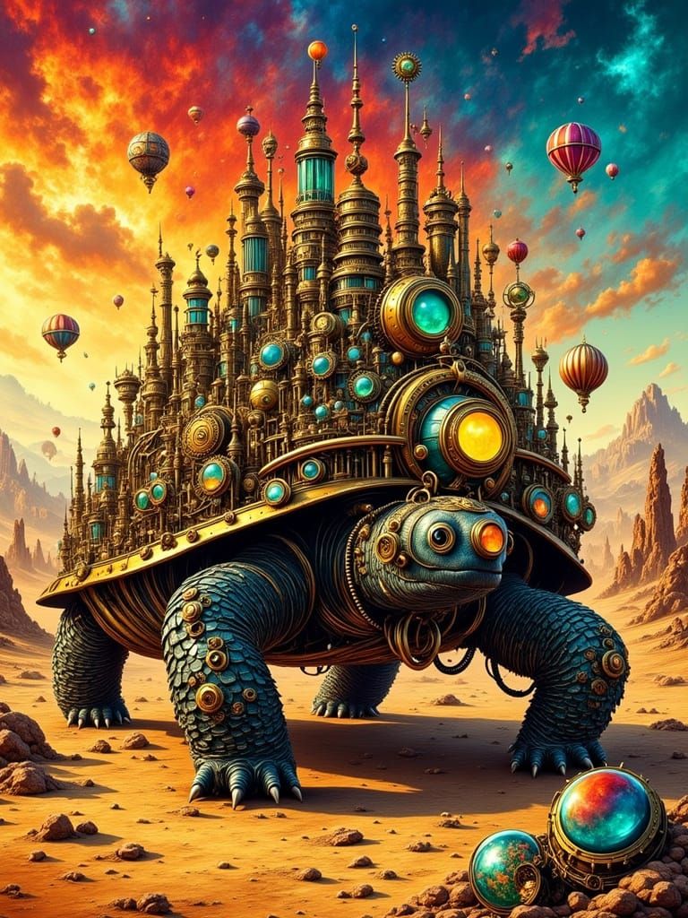 Steampunk City on Giant Tortoise in Desert