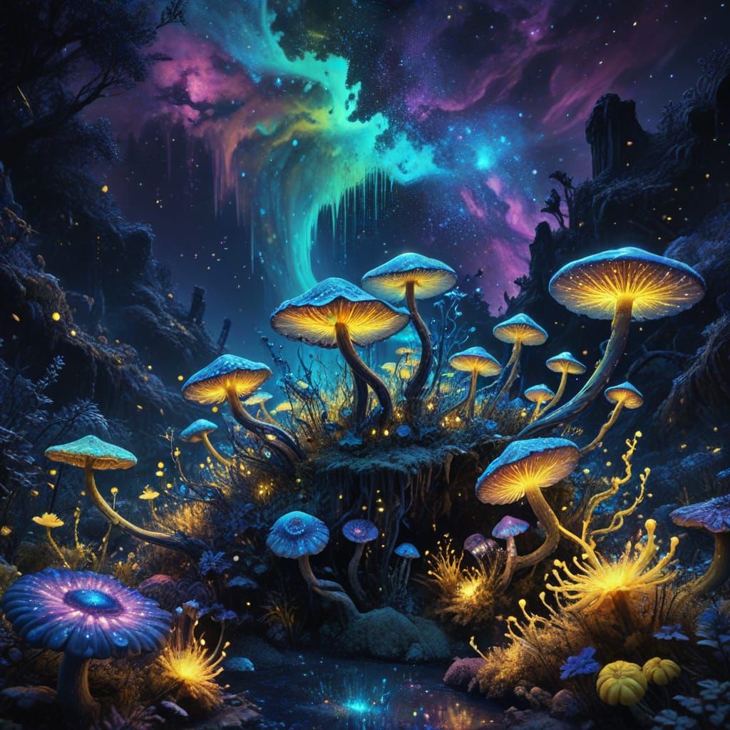 Vibrant Aurora Over Iridescent Fungi in Cosmic Night