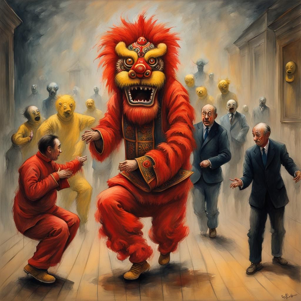Lion Dance in Epic Impressionist Gouache Style