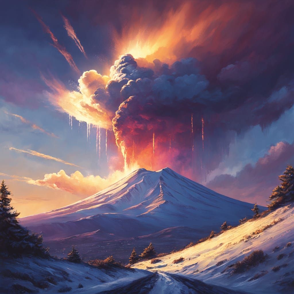 Ethereal Light Pillar Over Mount Etna in Cinematic Oil Paint...