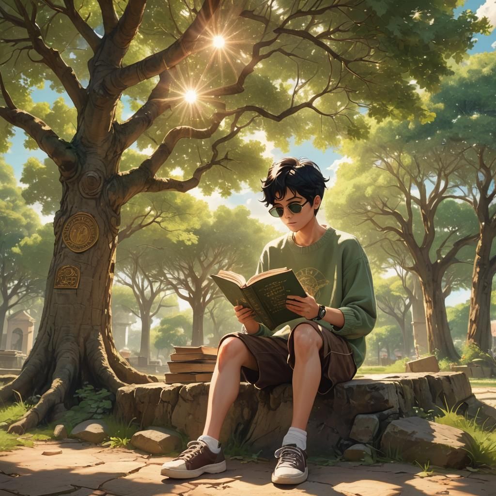 Boy Reads Ancient Book in Anime Style