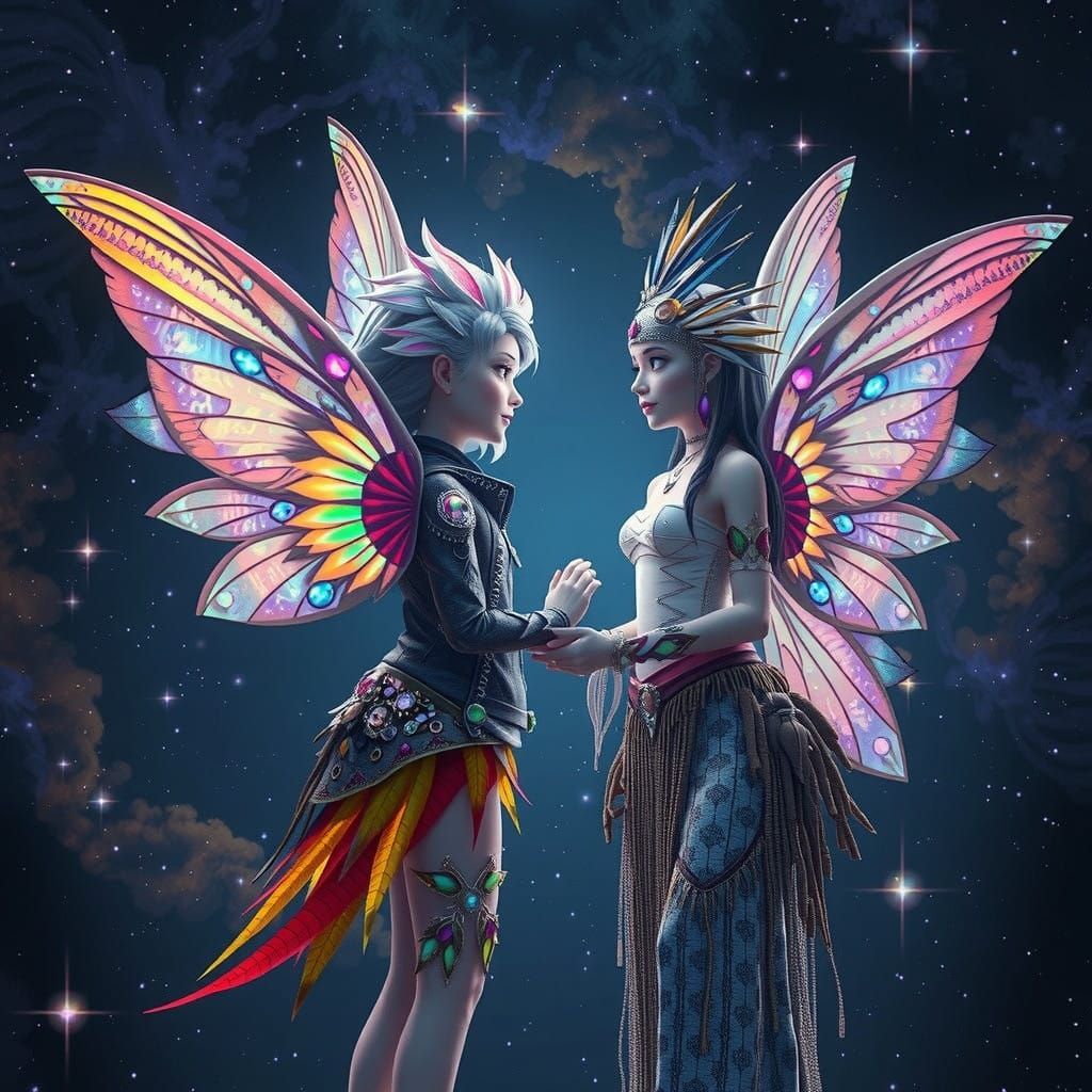 Celestial Encounter: Vibrant Space Pixie Meets Tribal Moon P...