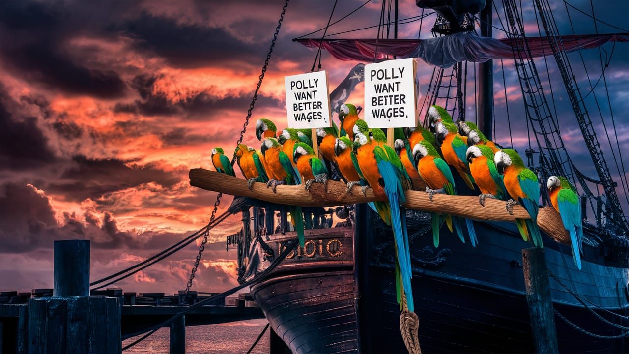 Parrot Pirate Protest at Sunset in Hyperrealistic Photo