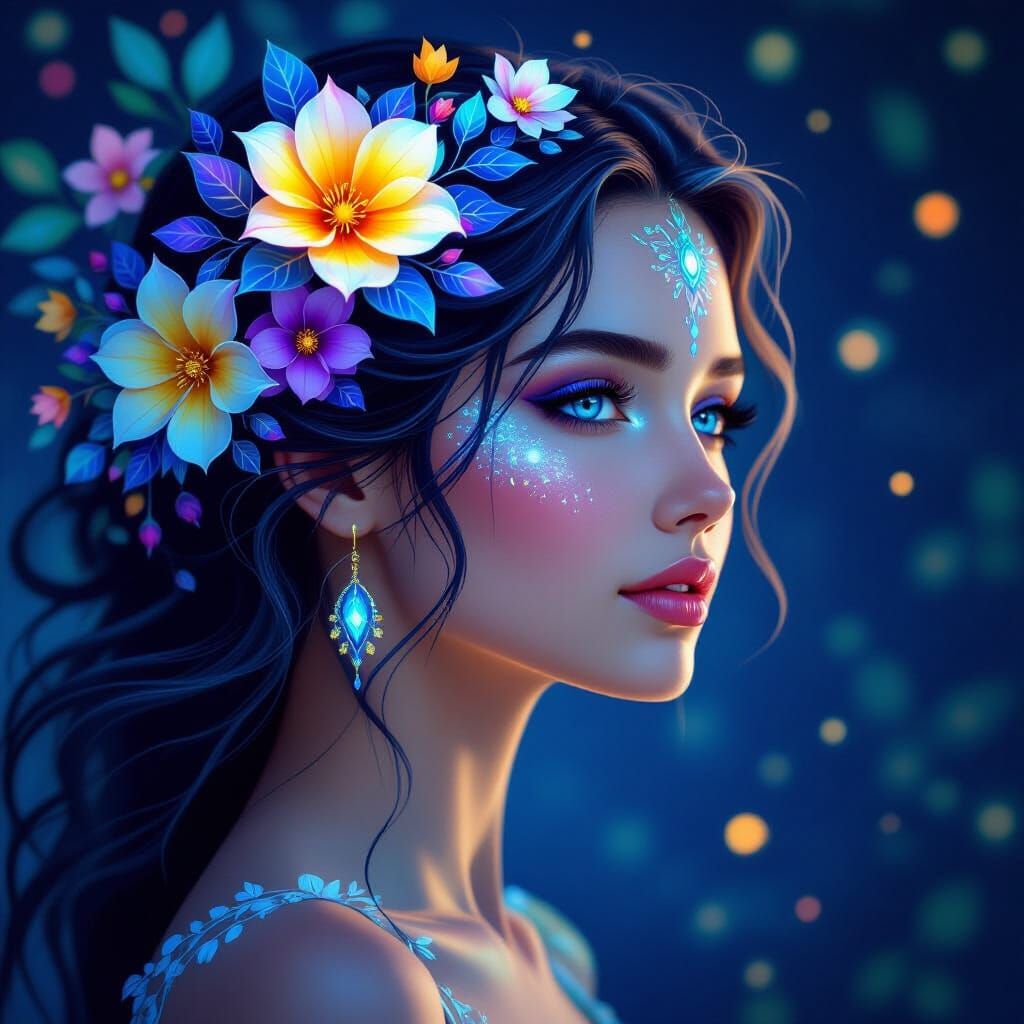 Bioluminescent Nature Goddess with Floral Motifs