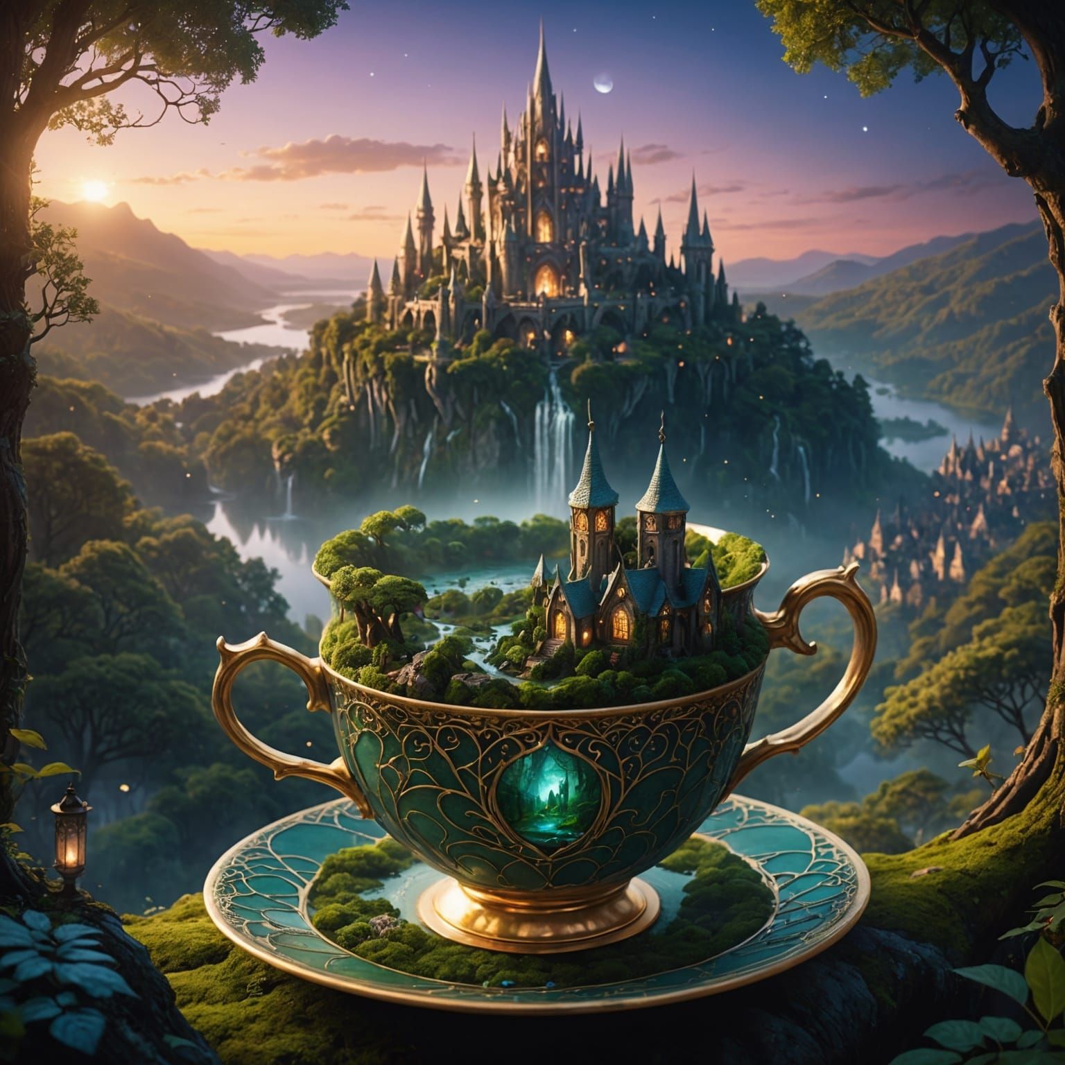 Elven City in Teacup: High Fantasy Digital Art