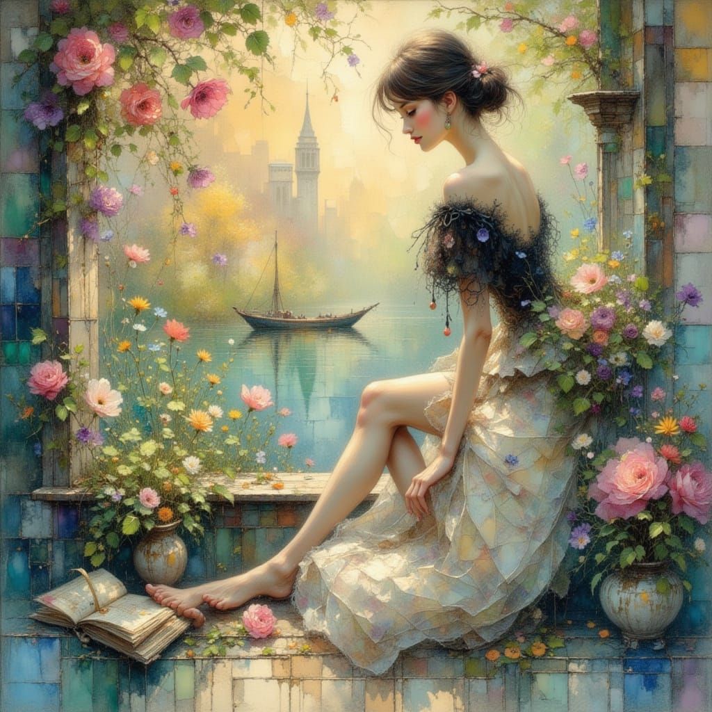 Ethereal Impressionistic Woman in City at Dawn