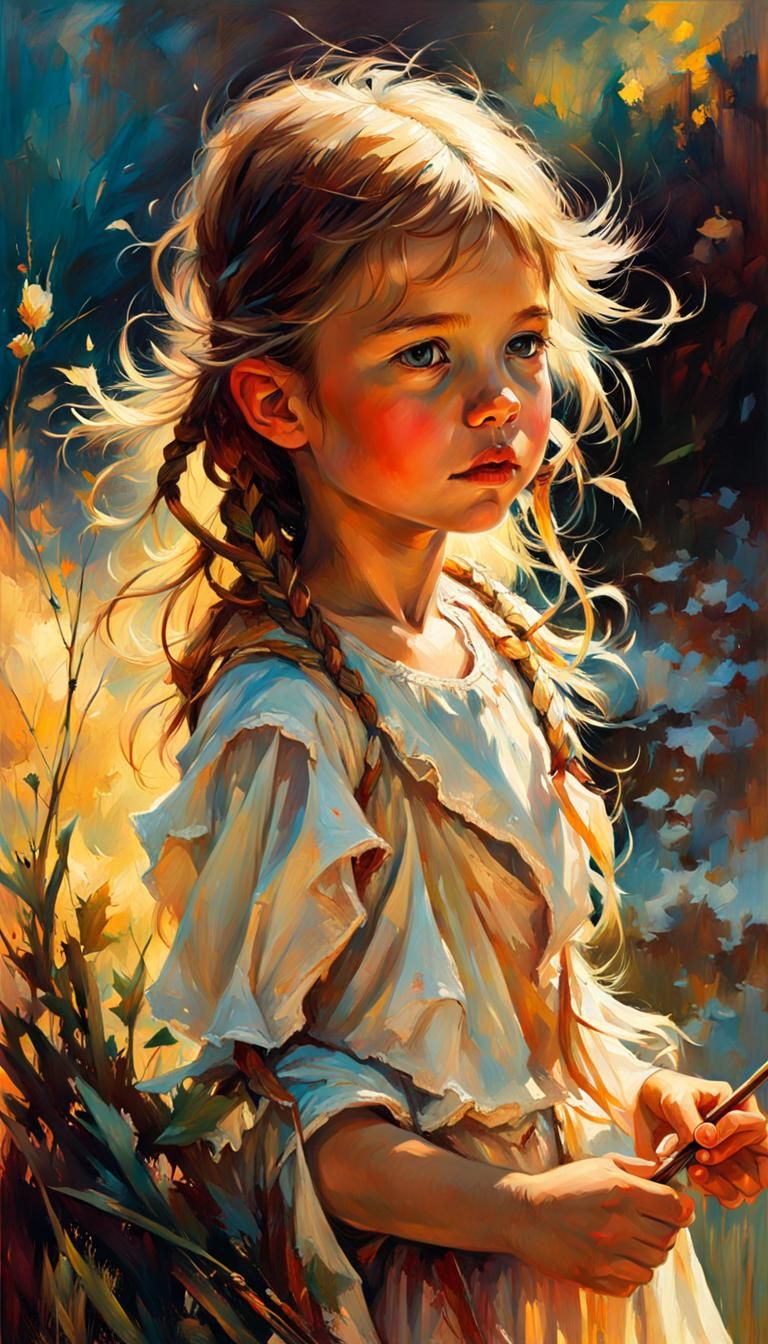 Girl in Golden Hour, Storybook Style Illustration