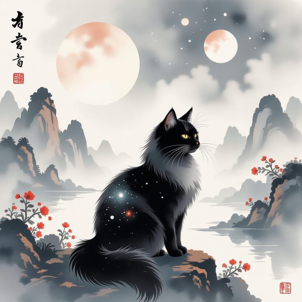 Black Cat with Celestial Ink Fur in Chinese Watercolor Style