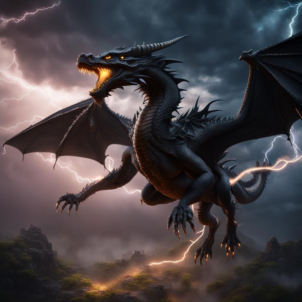 Black Dragon Soaring Through Lightning Sky