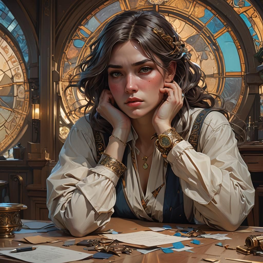 Bored Young Woman Portrait in Digital Art Style