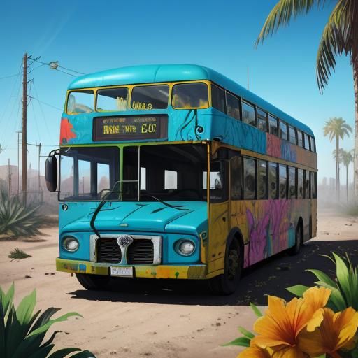 Colorful Flowers Bus in Desert Oasis: Hyperrealistic Digital...