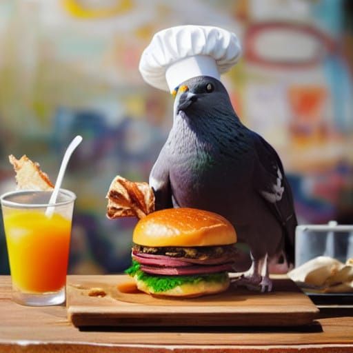 Pigeon Enjoys Gourmet Burger in Vibrant Street Art Style