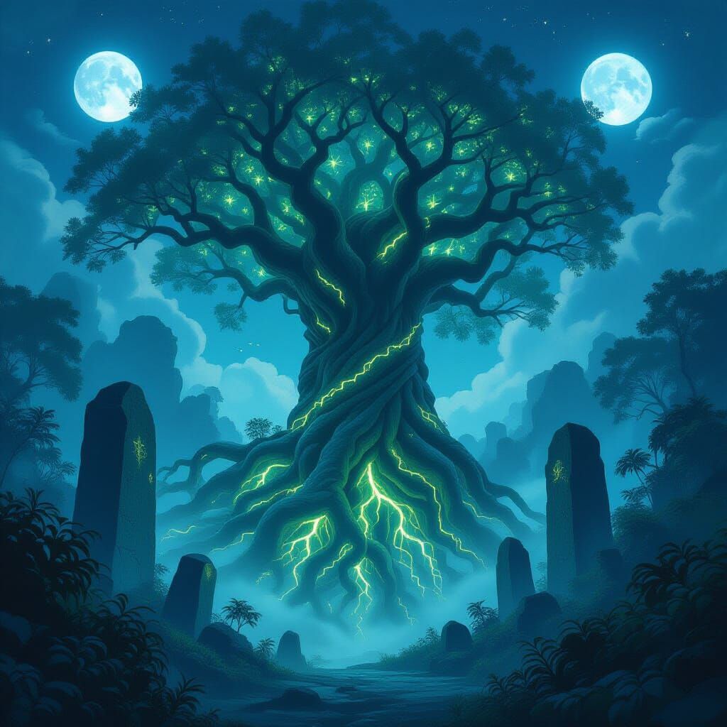 Ancient Bioluminescent Tree Entwined With Obsidian Monoliths