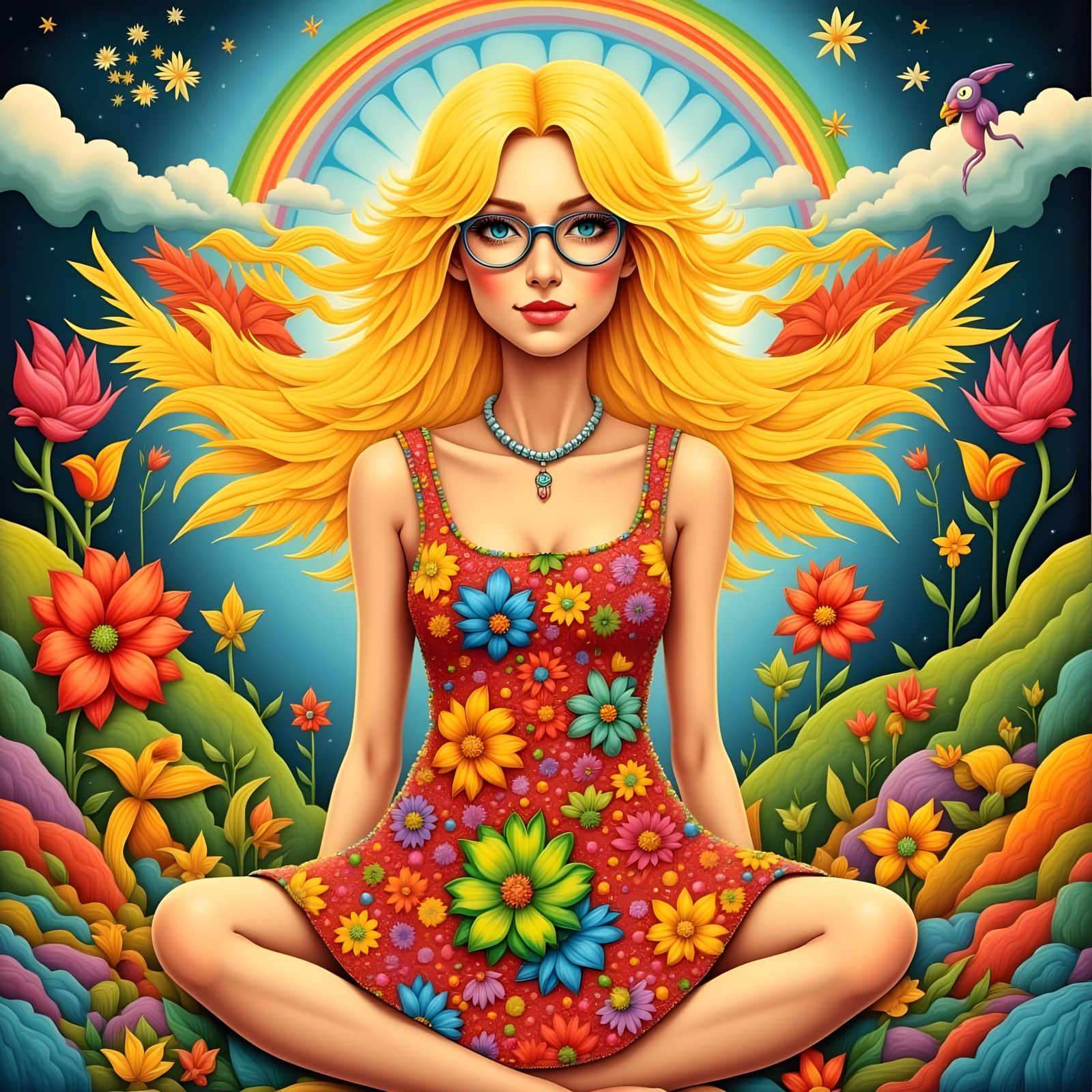 Vibrant Hippie Girl in Retro Style