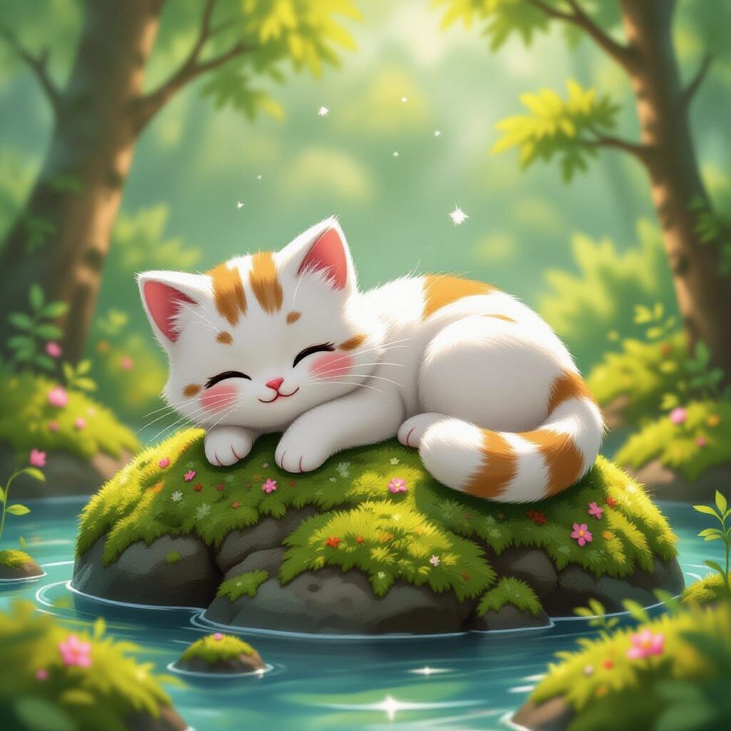 Adorable Cat on Mossy Rock in Playful Style
