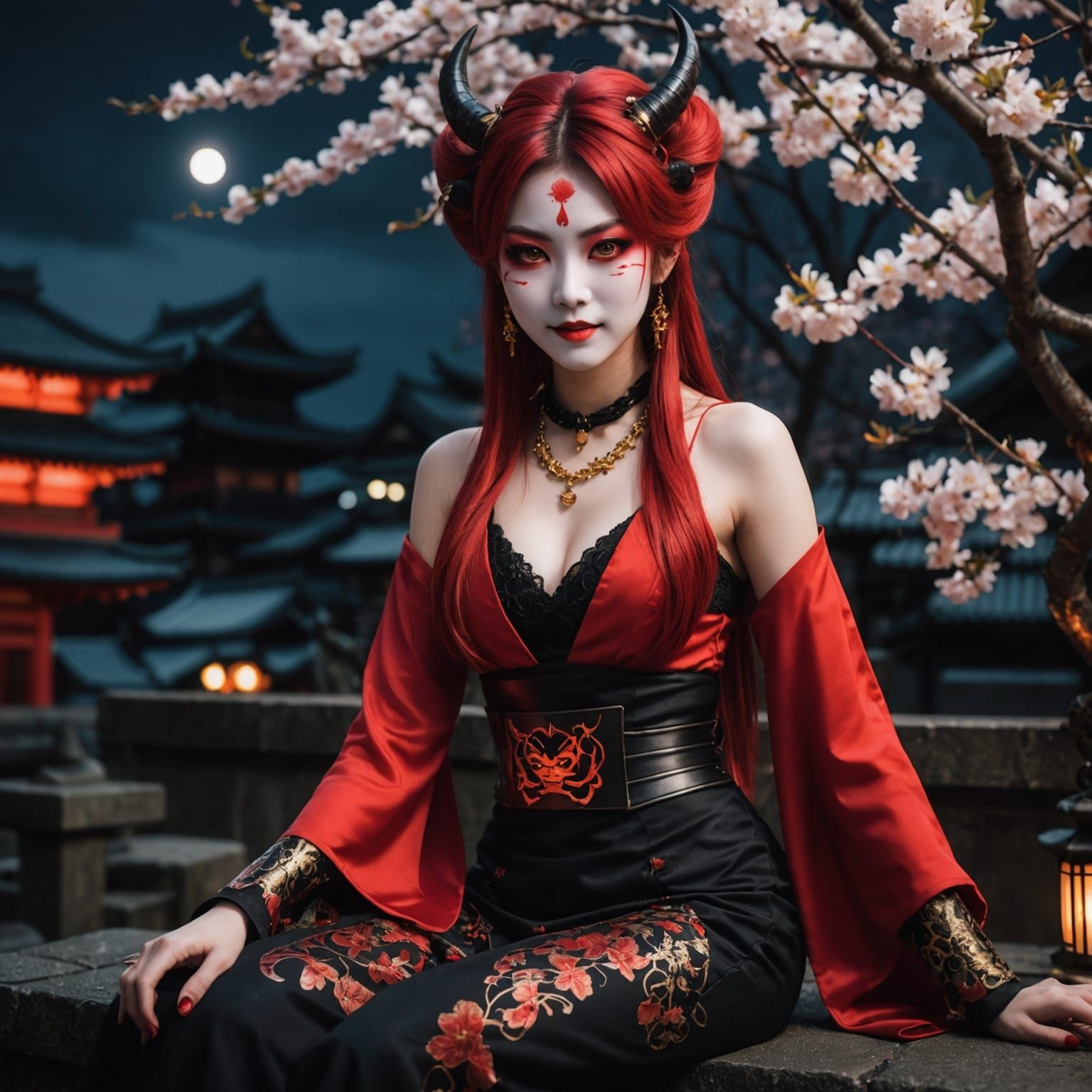 Gothic Demon Girl in a Japanese Nightscape