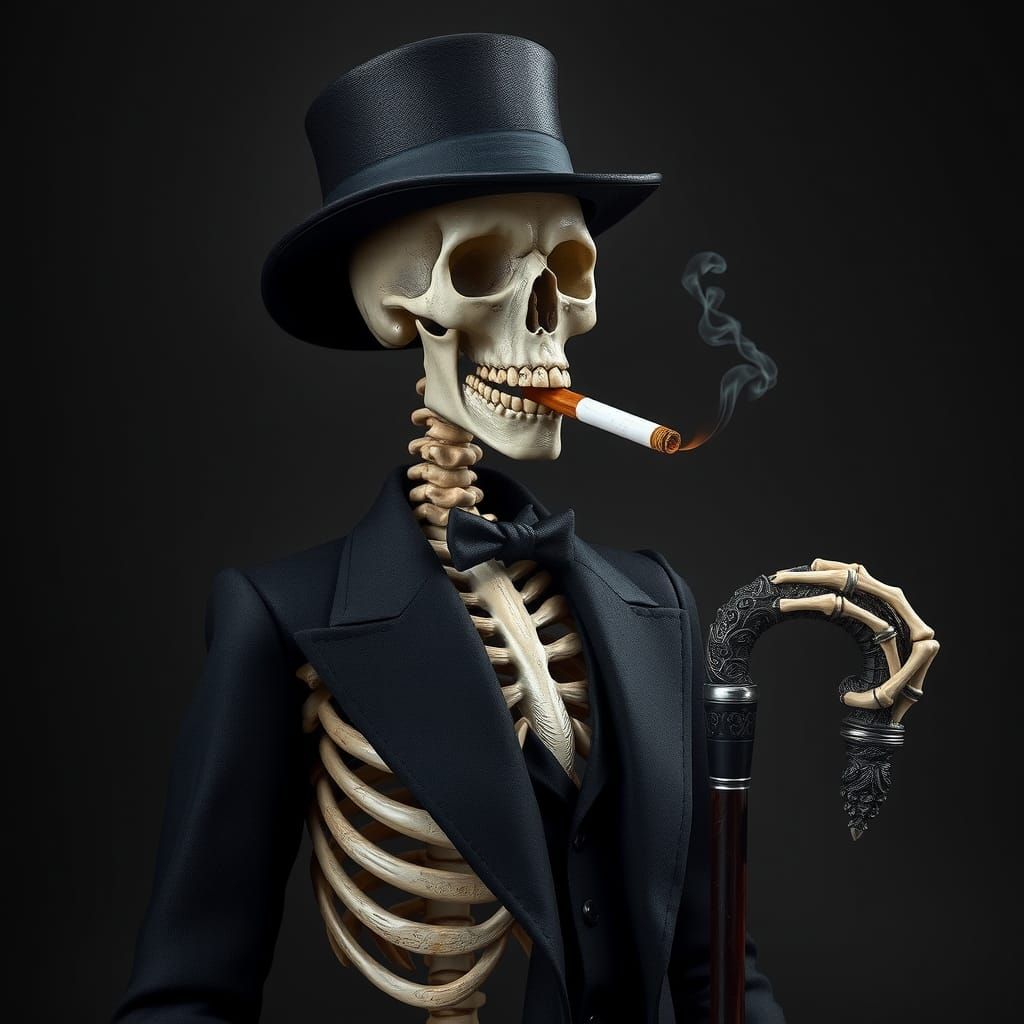 Elegant Skeleton Smoking Cigar in Dark Surrealist Style