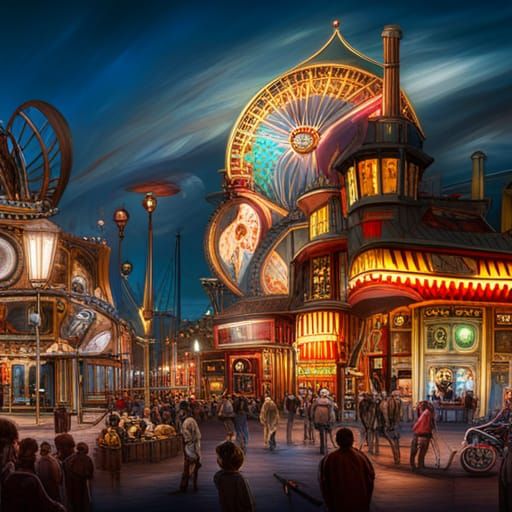 Steampunk Circus at Night in Hyperrealistic Style