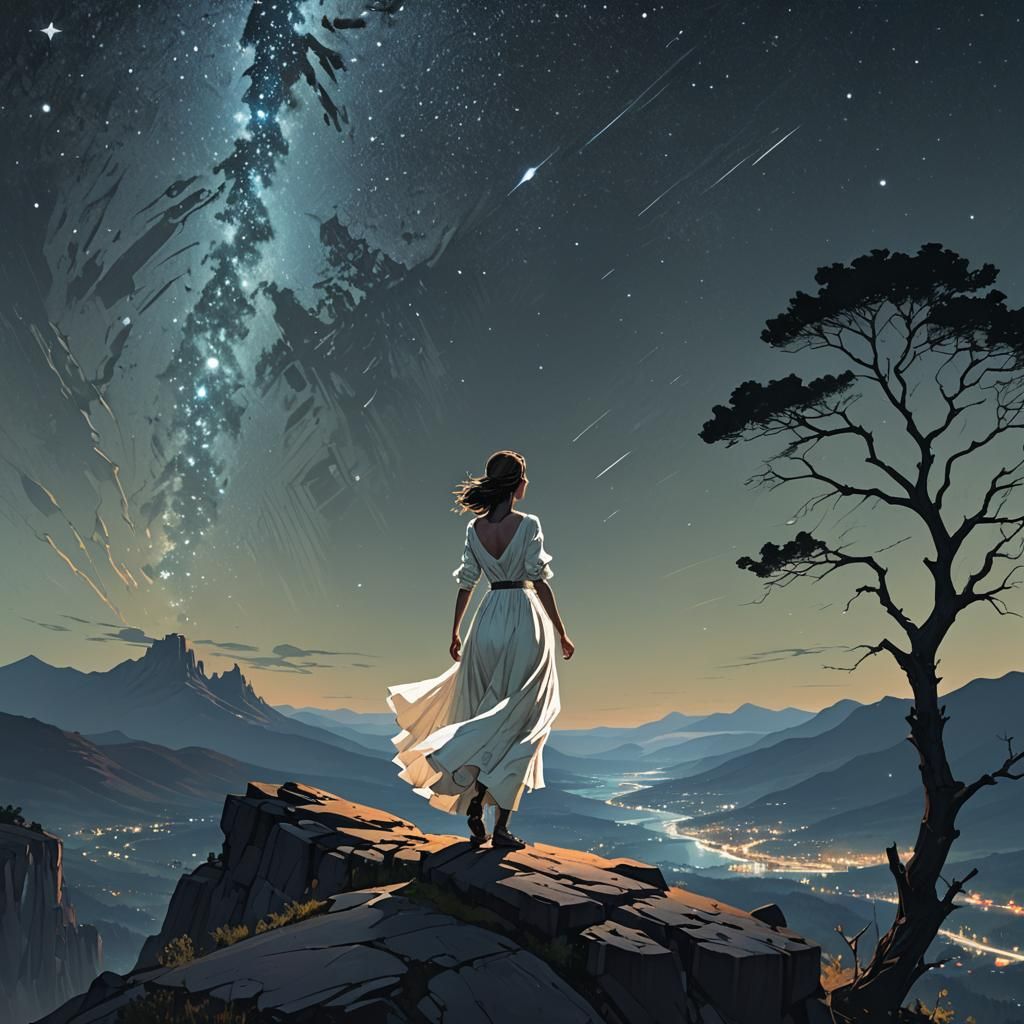 Woman Gazing at Starry Night Sky in Photorealistic Style