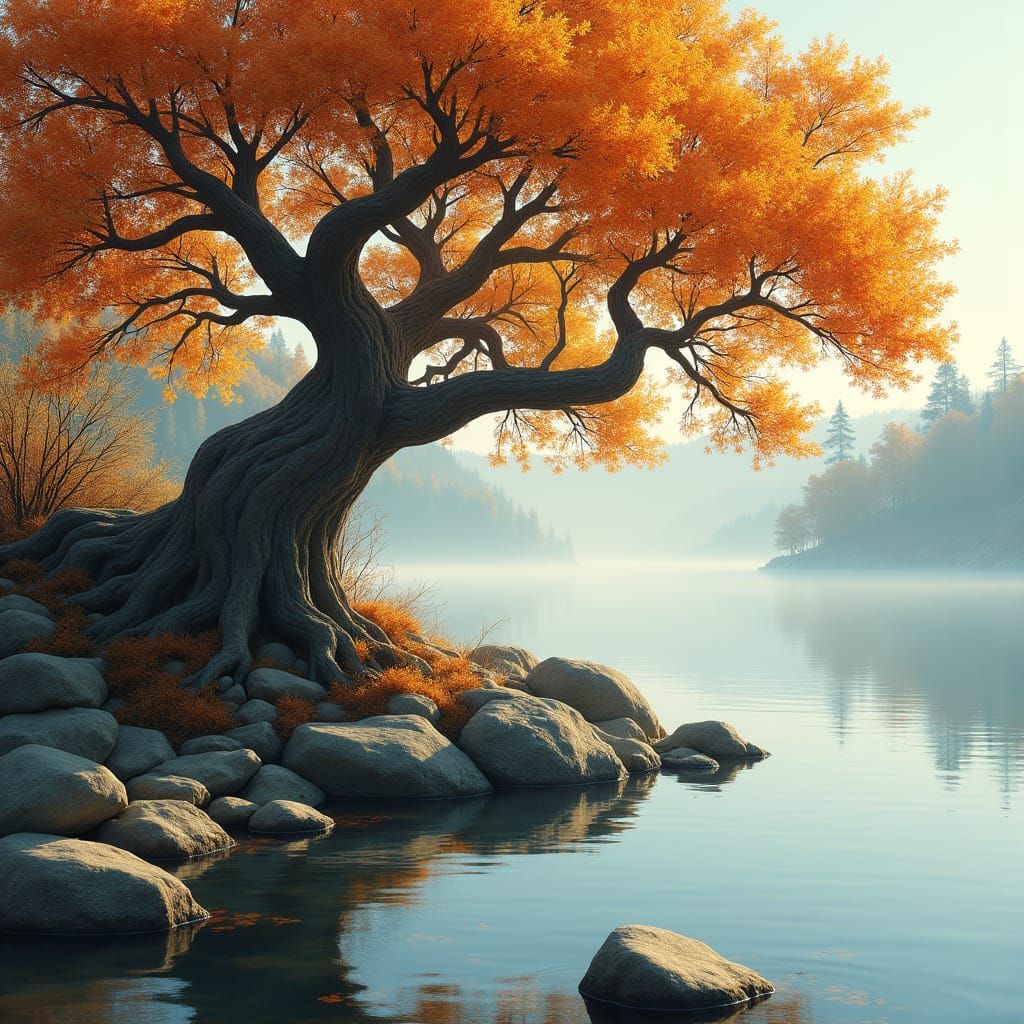 Autumn Tree on Lake in Impressionist Style