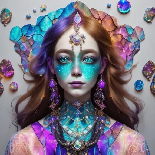 Gemstone and Fur Fantasy Portrait in Cosmic Style