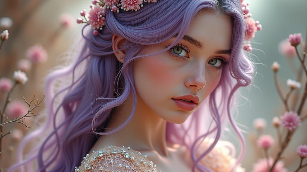 Ethereal Woman with Lavender Hair in Dreamy Style
