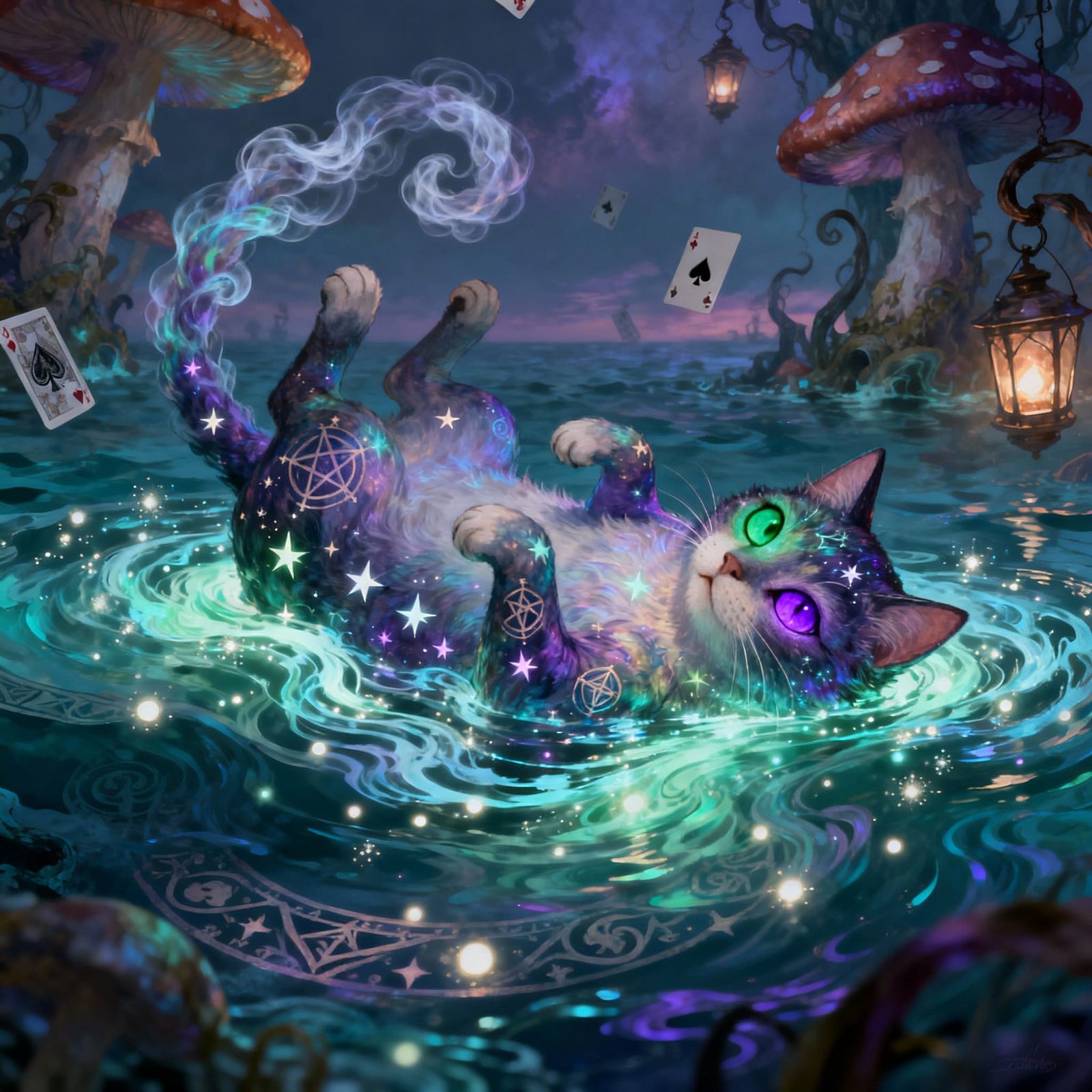 Magical Cat on Enchanted Waves in Whimsical Style