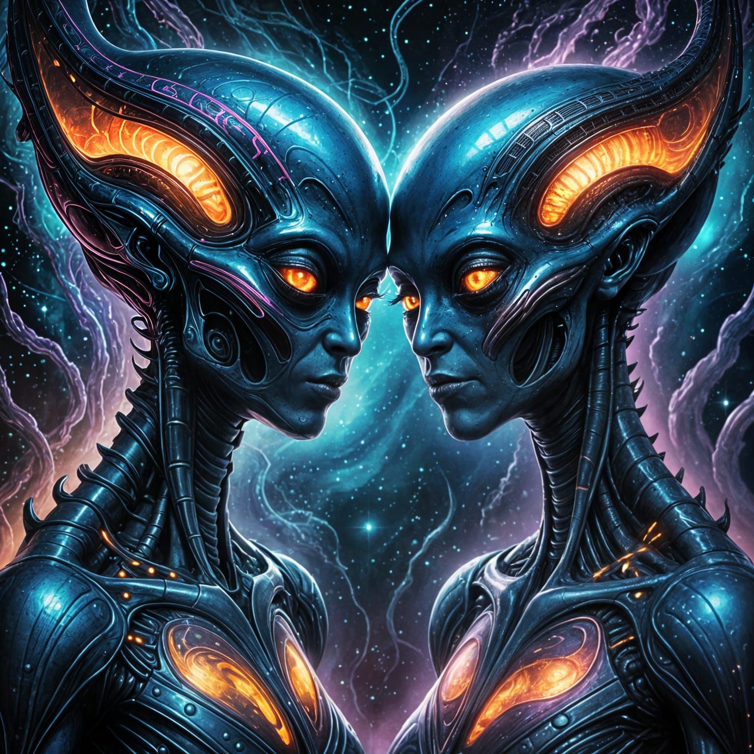 Alien Lovers Embrace Under Cosmic Sky
