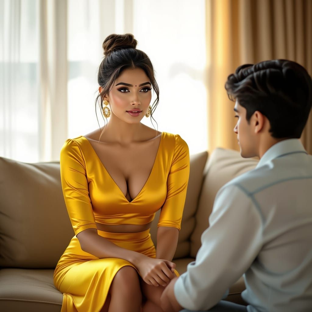 Beautiful Indian Woman in Yellow Skirt on Sofa