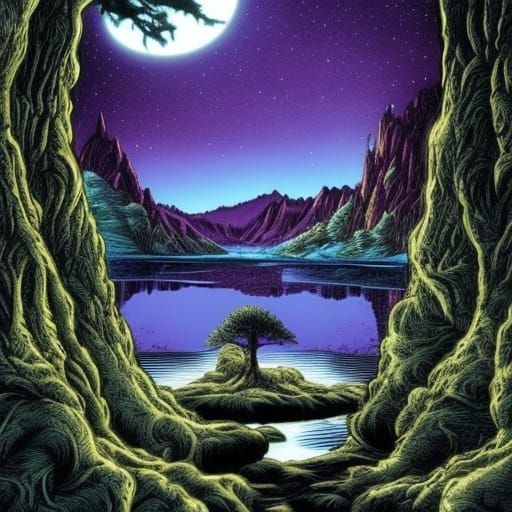 Glowing Gold Tree in Lake: Comic Book Art