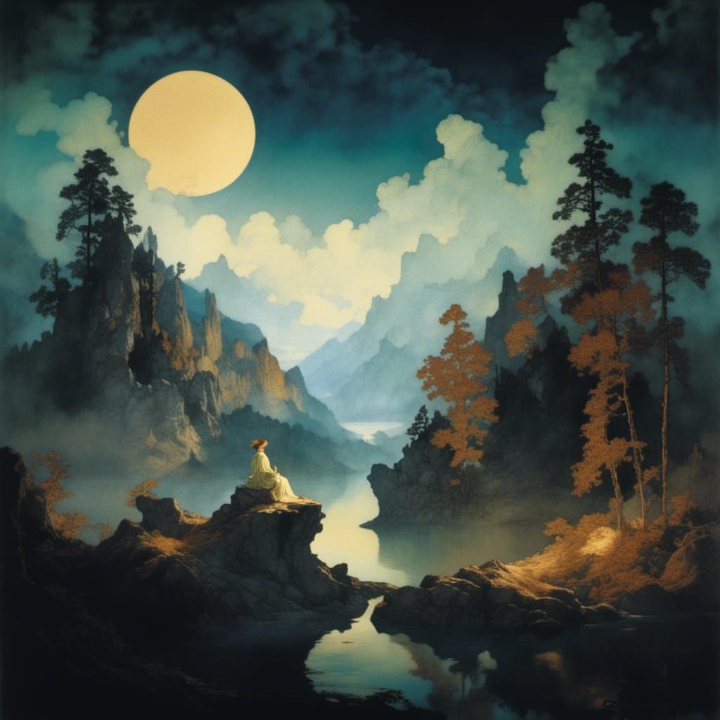 Ethereal Lady by Moonlit Lake in Rackham Style