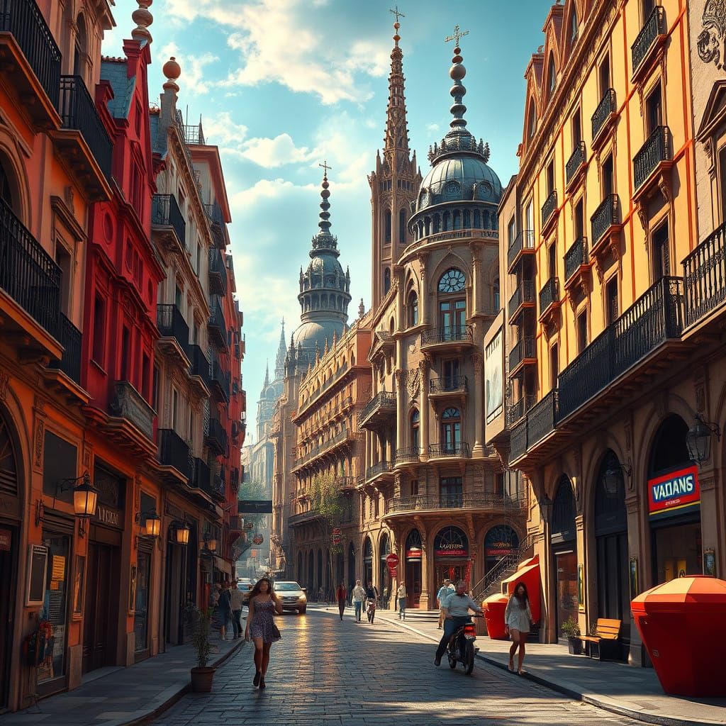 Vibrant Barcelona Street Scene in Cyberpunk Architectural Fa...