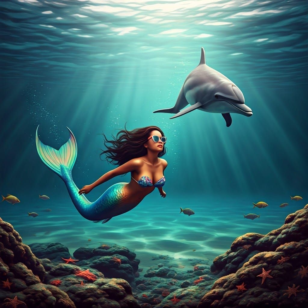 Vibrant Mermaid Swims with Leaping Dolphin in Turquoise Dept...