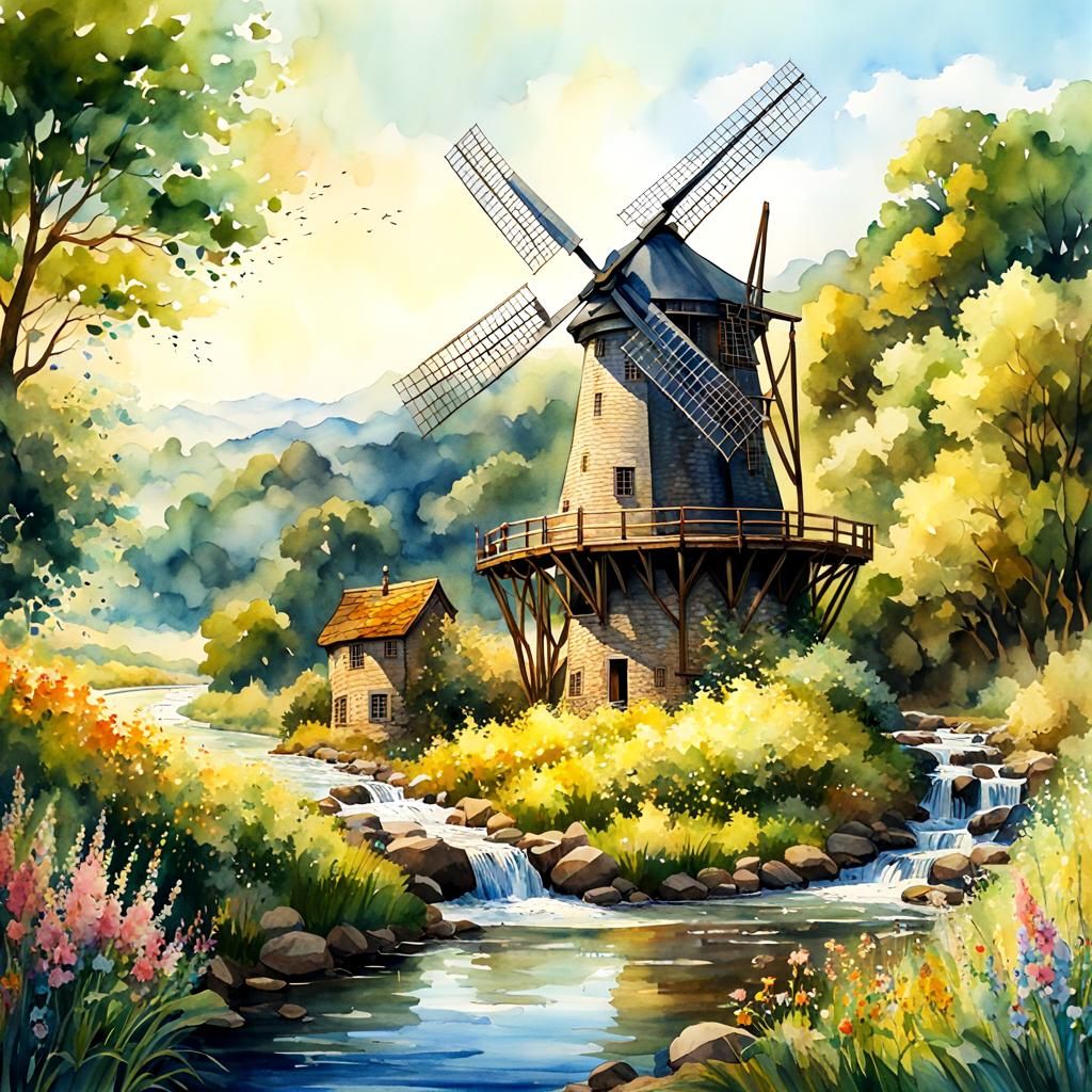 Windmill in Summer Valley: Watercolor and Ink Painting