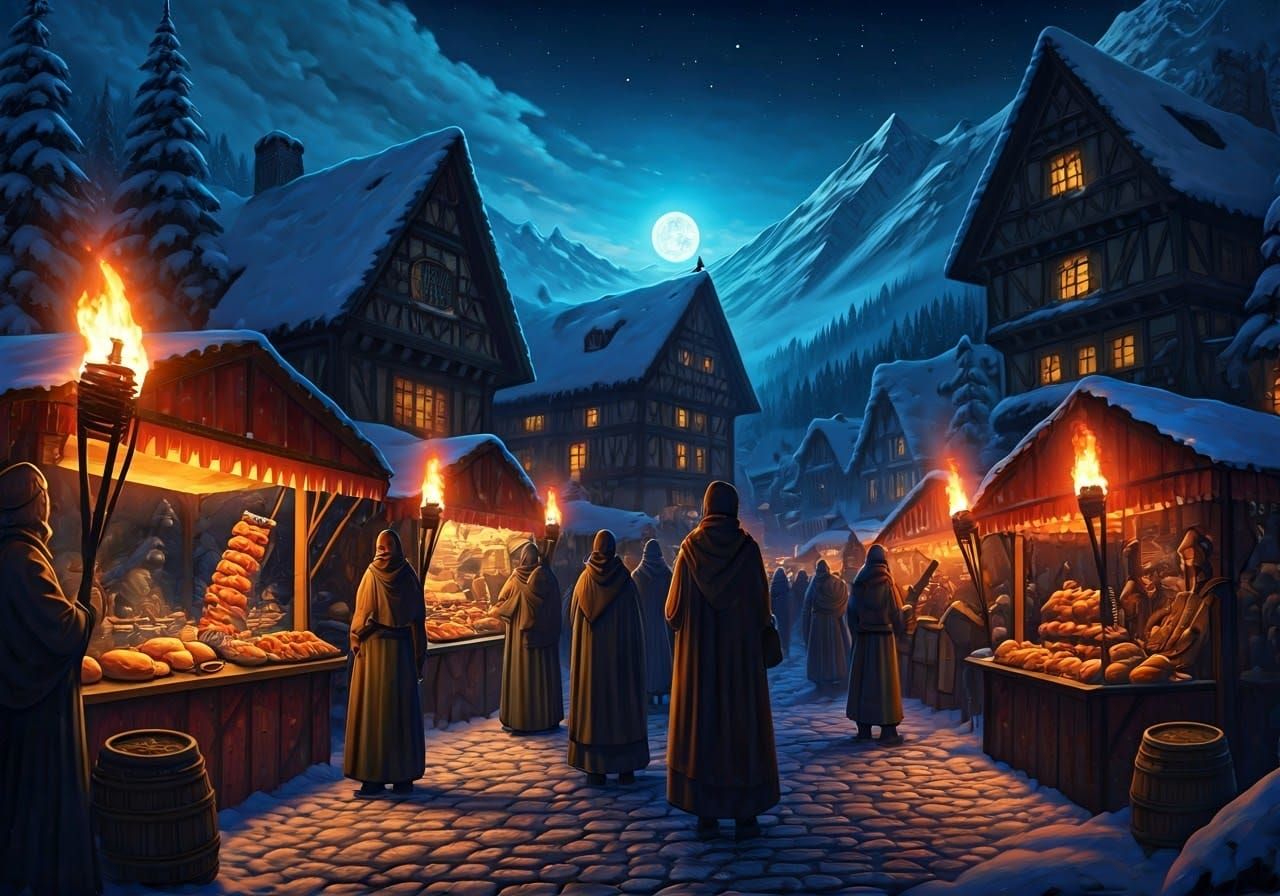Magical Medieval Winter Night Market Scene
