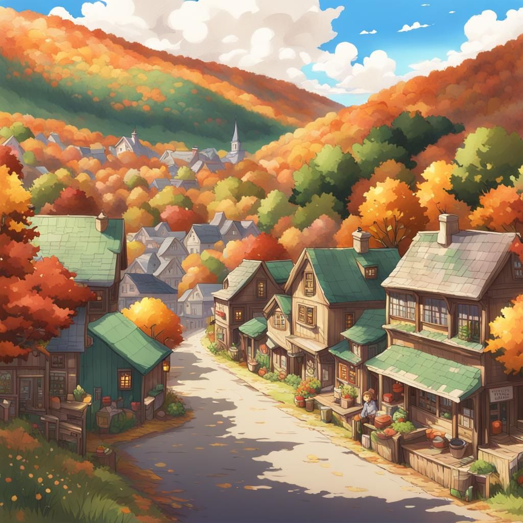 Scenic Vermont Town in Fall, Anime Style