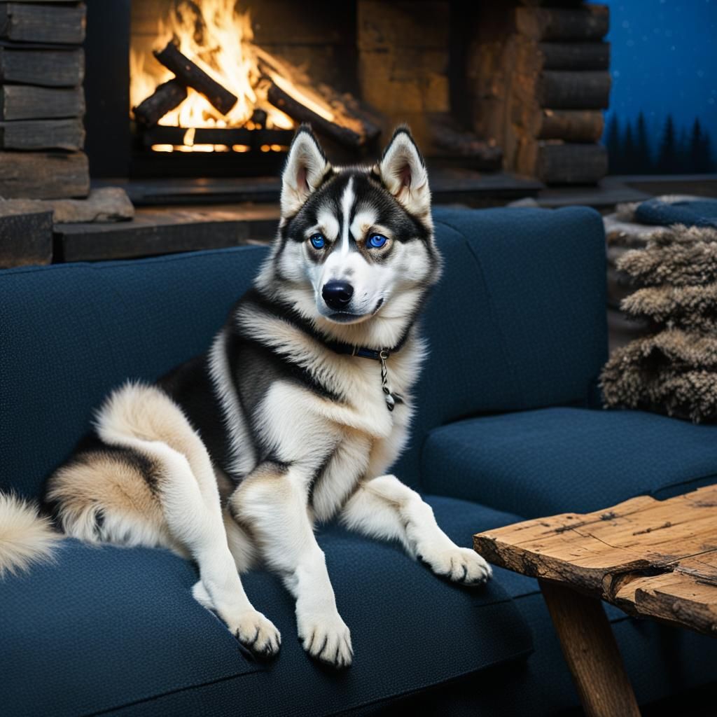 Golden Husky in Winter Night Oil Painting