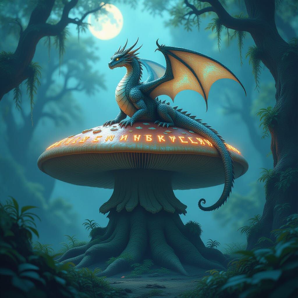 Majestic Dragon on Mushroom in Mystical Forest