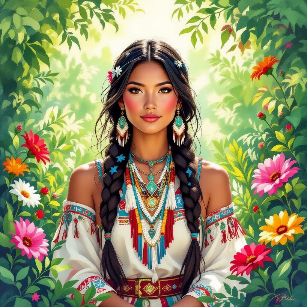 Native American Woman in Watercolor Style