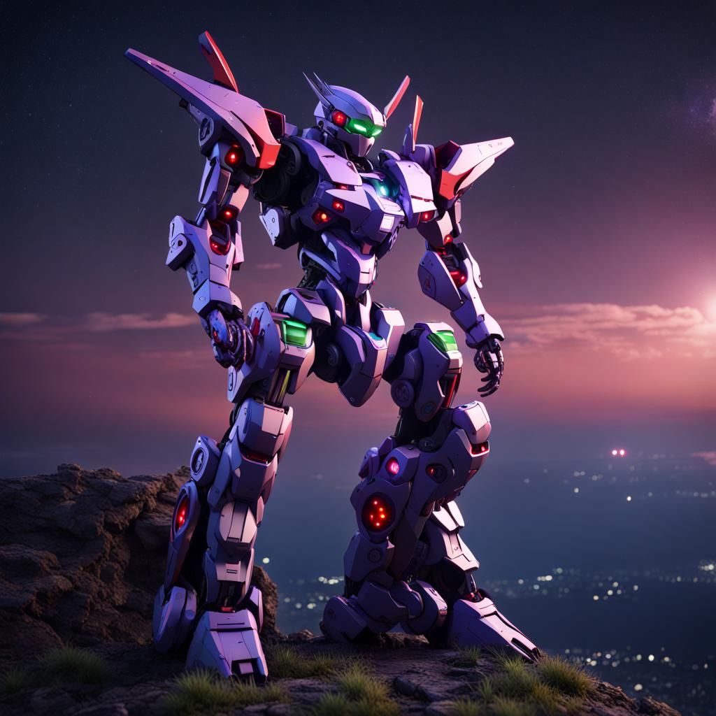 Mecha Anime Robot at Night in 3D Render