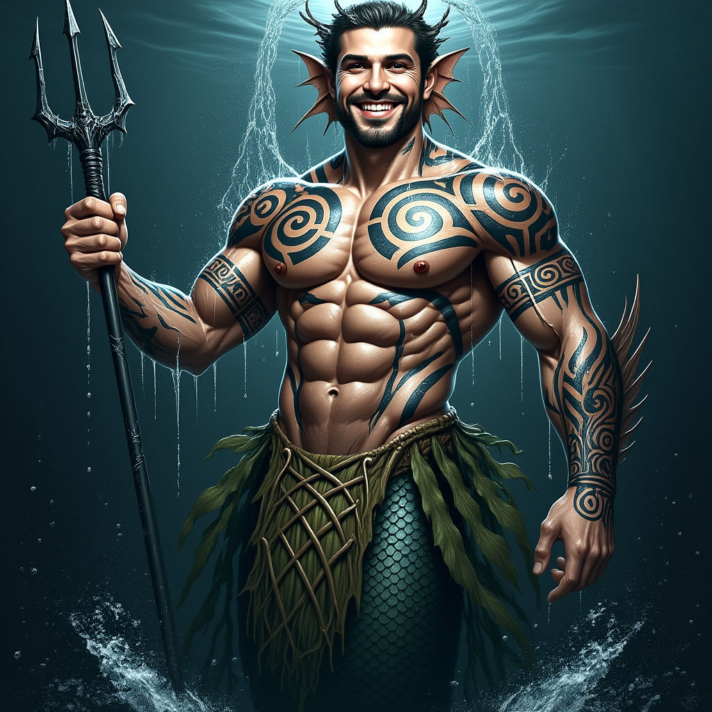 Muscular Merman Emerges from the Ocean Depths