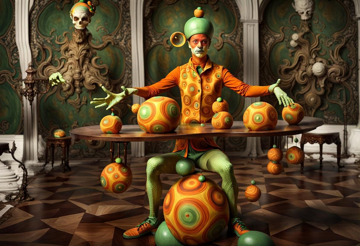 yellow jester juggler with psilocybe head throwing juggling 3 orange fireballs, 3D fractal/mendelbrot, pale complementar...