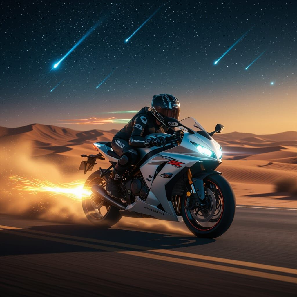 Super Sport Motorcycle Rider at 300 km/h on Desert Road