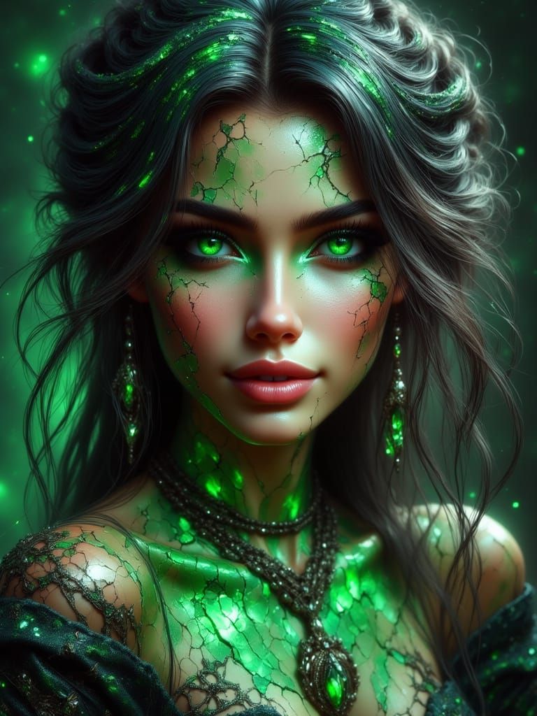 Beautiful Woman with Glowing Green Cracks and Futuristic Jew...