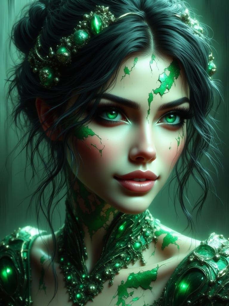 Beautiful Woman with Glowing Green Cracks in Fantasy Art Sty...