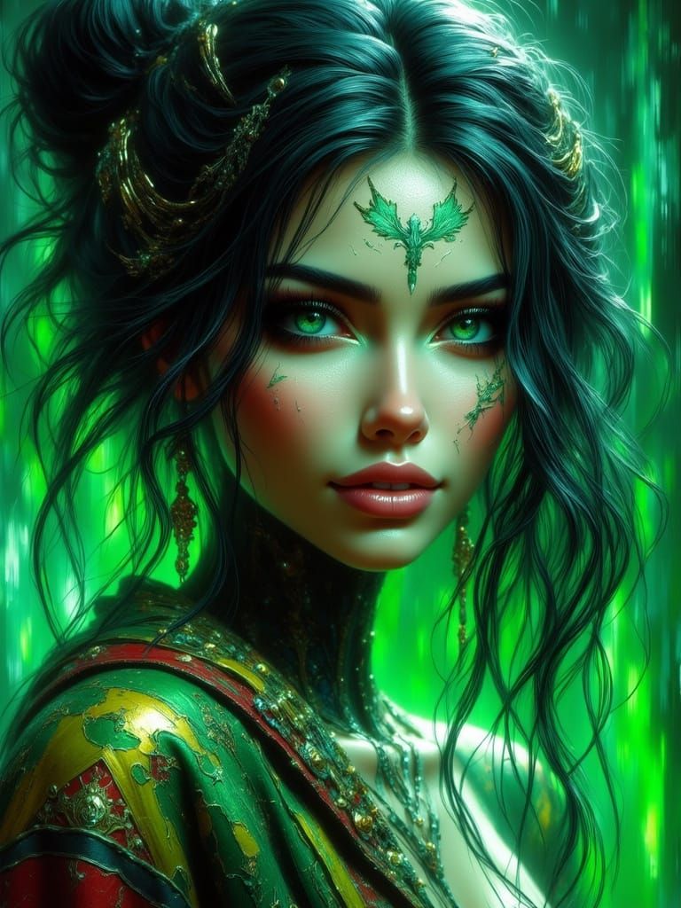 Beautiful Woman With Glowing Green Cracks