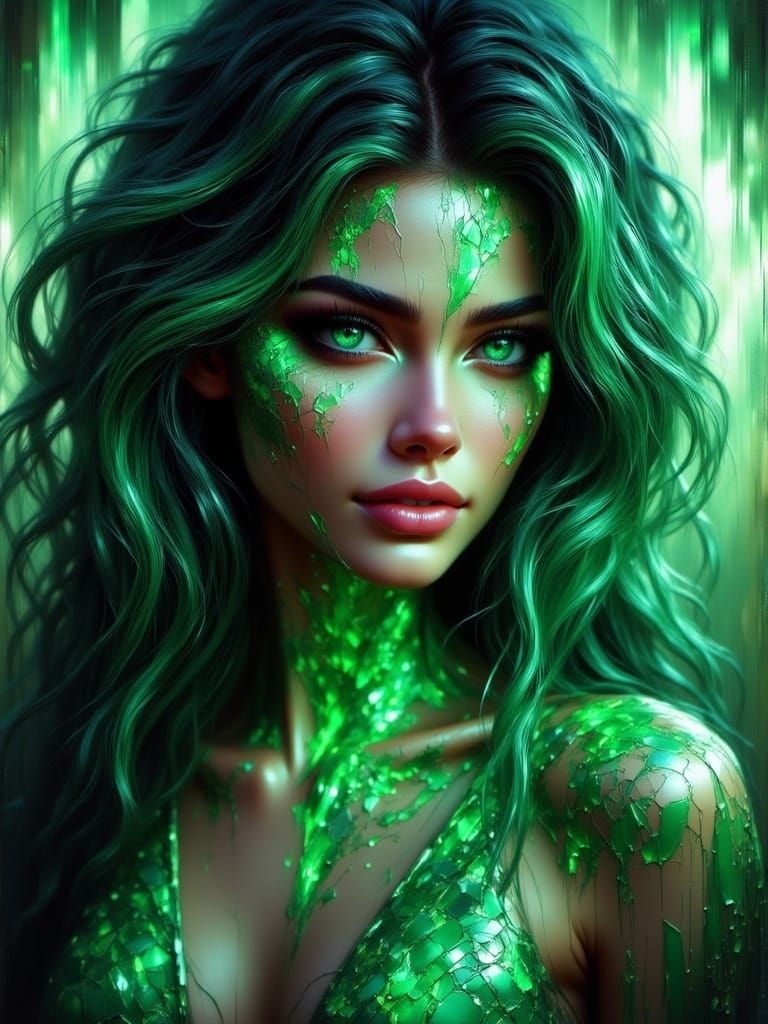 Beautiful Woman with Glowing Green Cracks in Fantasy Art Sty...
