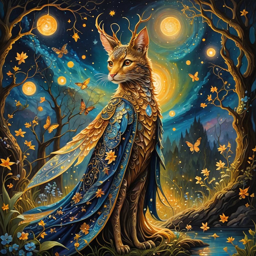 Fantasy Creature in Whimsical Landscape, Oil Painting